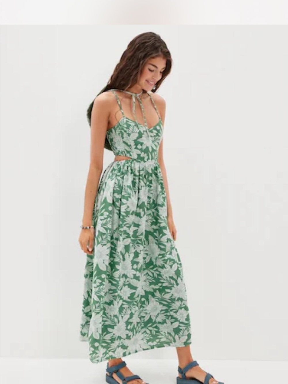 American Eagle Outfitters Green and White Floral Tie-Strap Maxi Dress